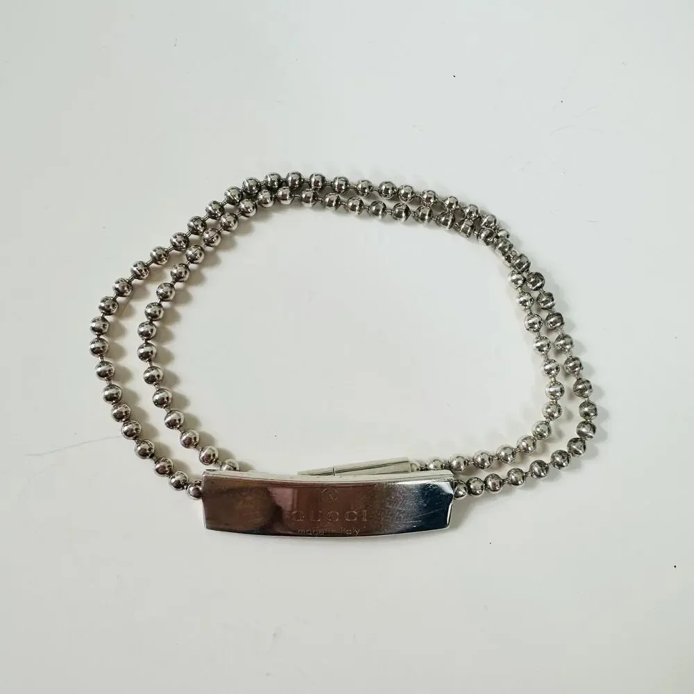 Gucci 925 Sterling Silver Beaded ID Bar Chain Bracelet Made In Italy Designer